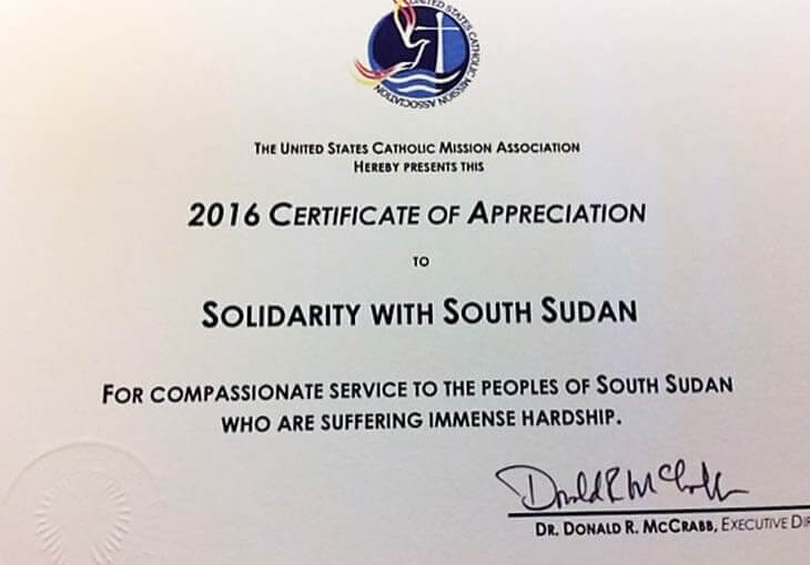 Solidarity with South Sudan Certificate of Appreciation